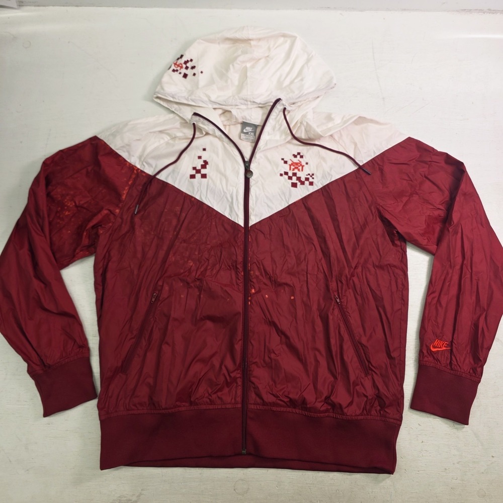 Vintage Nike Windbreaker Jacket Mens XXL Red White Hooded Full Zip Distressed
